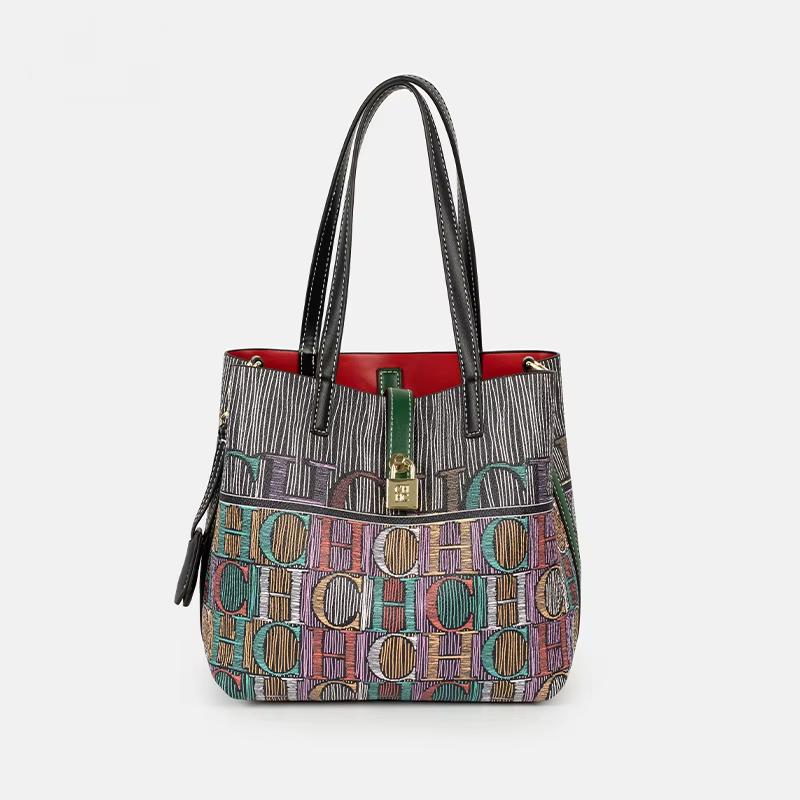 Leather Work Handbags For Women - CH Art Renkli Baskılı Çanta Düz
